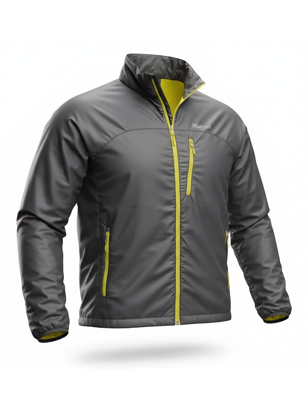 Marmot Jacket Men XL Grey Neon Yellow Full Zip Ripstop Puffer Hiking Outdoor